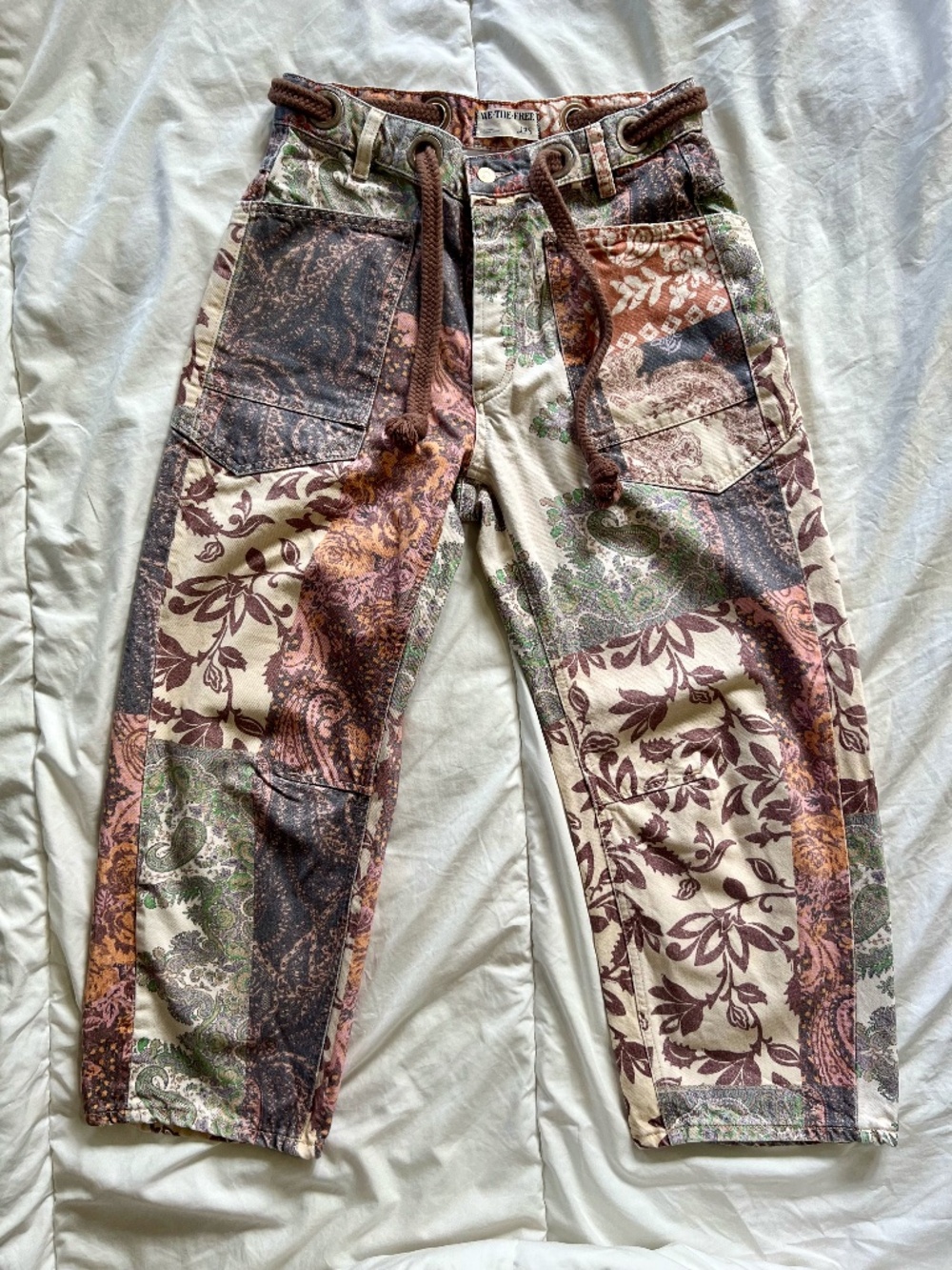 Free People Moxie Printed Brown Combo / Brn Motif Pull-On Barrel Jeans W 27 S - Picture 3 of 16